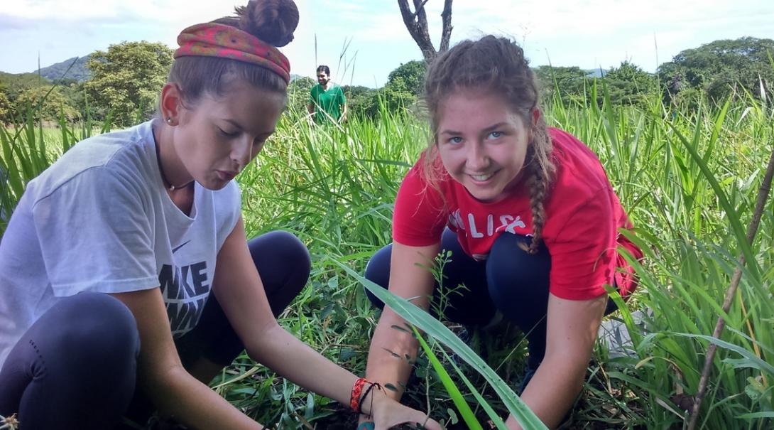 Middle school students replant a sapling in the Costa Rican forest Projects Abroad volunteers help out with reforestation work during the conservation middle school special